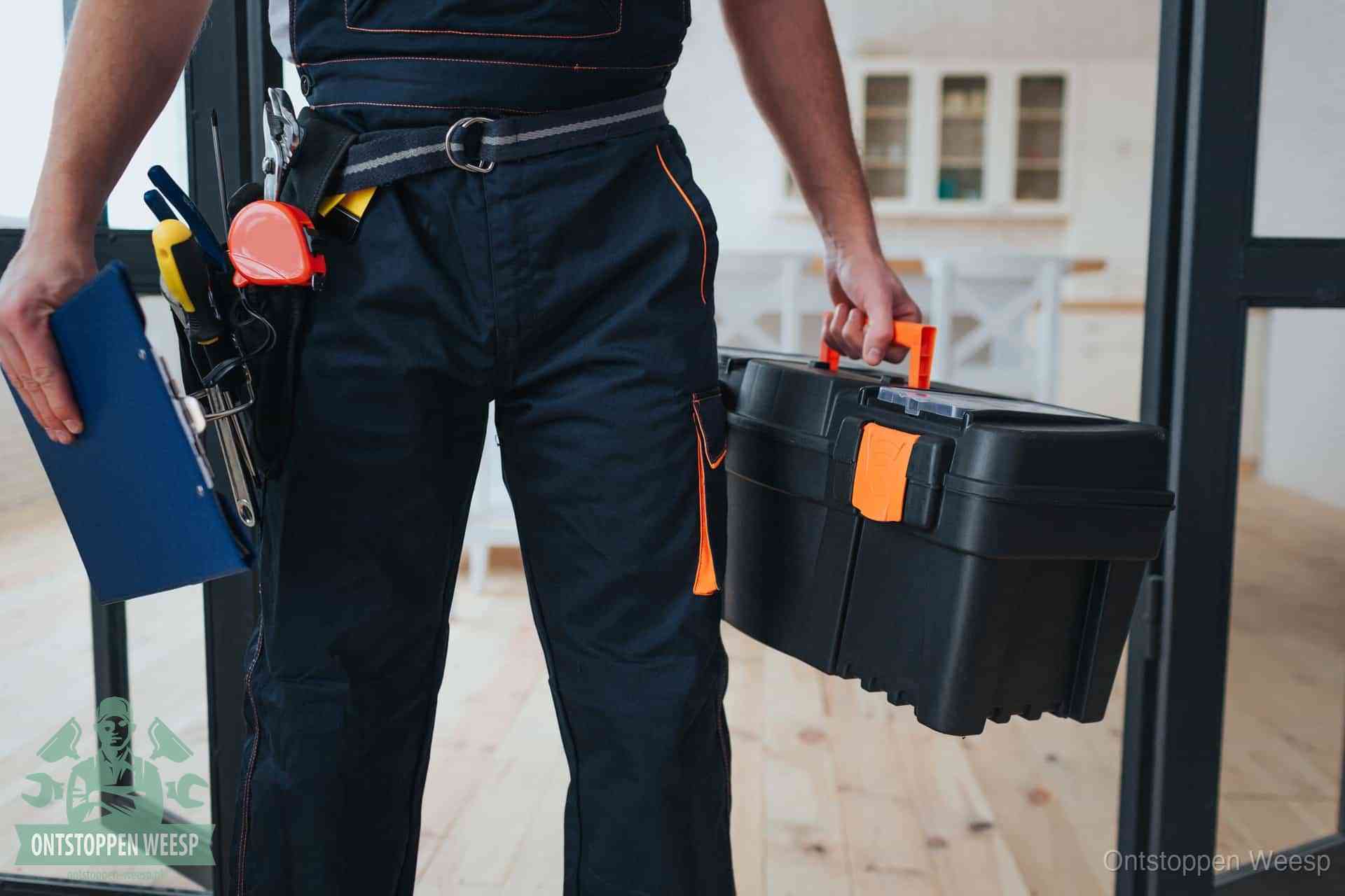 Een monteur met gereedschapsriem en klembord in een keuken, klaar om een transparante prijs voor het gootsteen ontstoppen in Weesp te geven