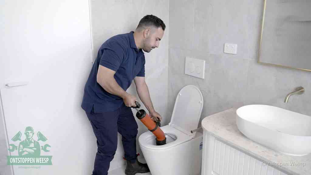 Een monteur gebruikt een handmatige perspomp (toiletontstopper) op een wandcloset tijdens het professioneel wc ontstoppen in Weesp