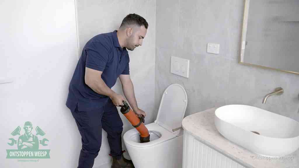 Een man gebruikt een handmatige luchtdruk-ontstopper in een modern betegeld toilet om zelf de wc te ontstoppen in Weesp